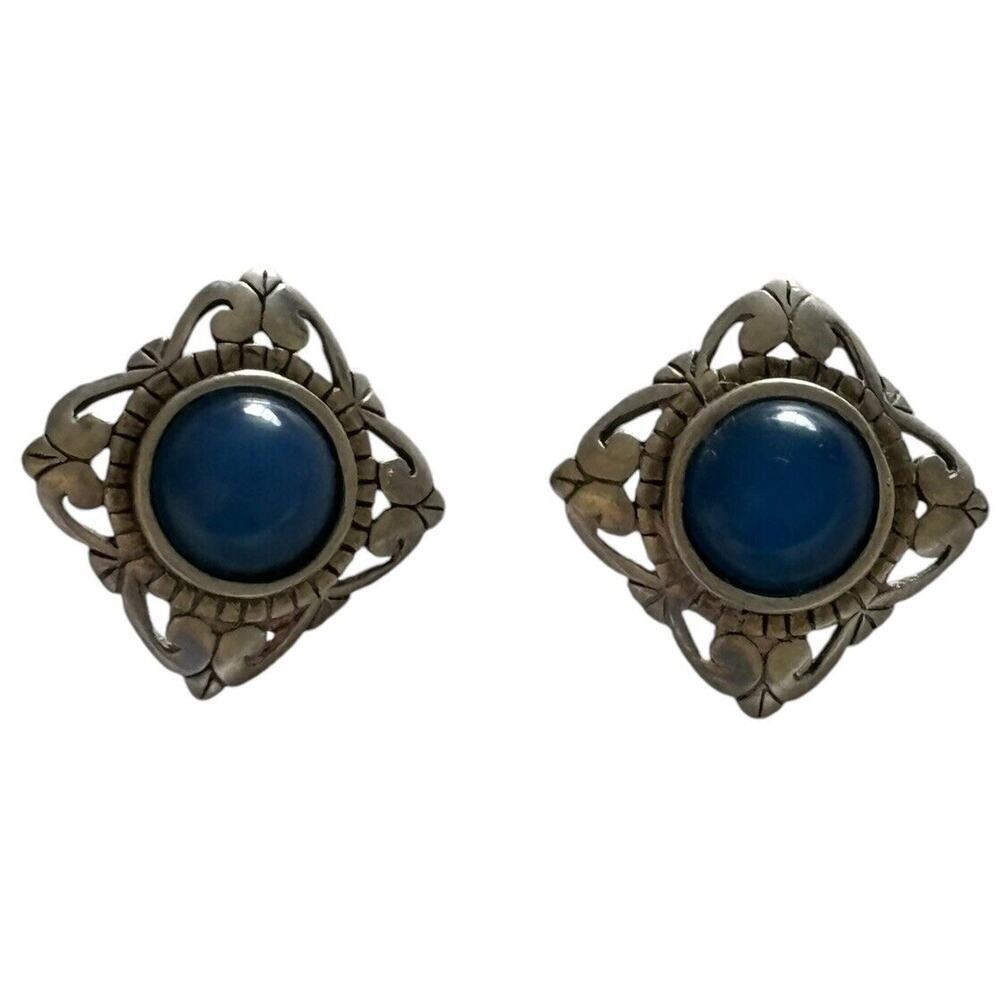 Jezlaine Square Blue Chalcedony Sterling Silver Post Stud Earrings Vintage